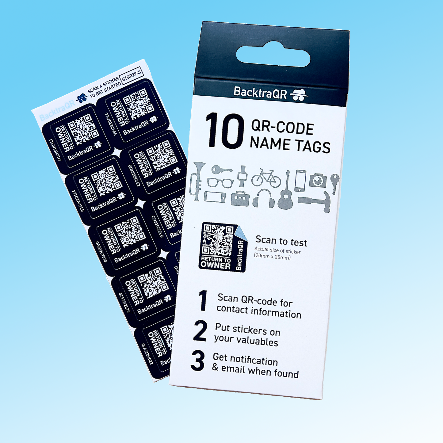 Smarte navnelapper - 10-, 20-, eller 30-pack. Kommer i svart, blå eller hvit i standard, eller ekstra slitesterkt materiale. Fest navnelappene på verdisaker, og gi dem en ekstra sjanse til å finne veien tilbake til deg, dersom du skulle være uheldig og miste noe!